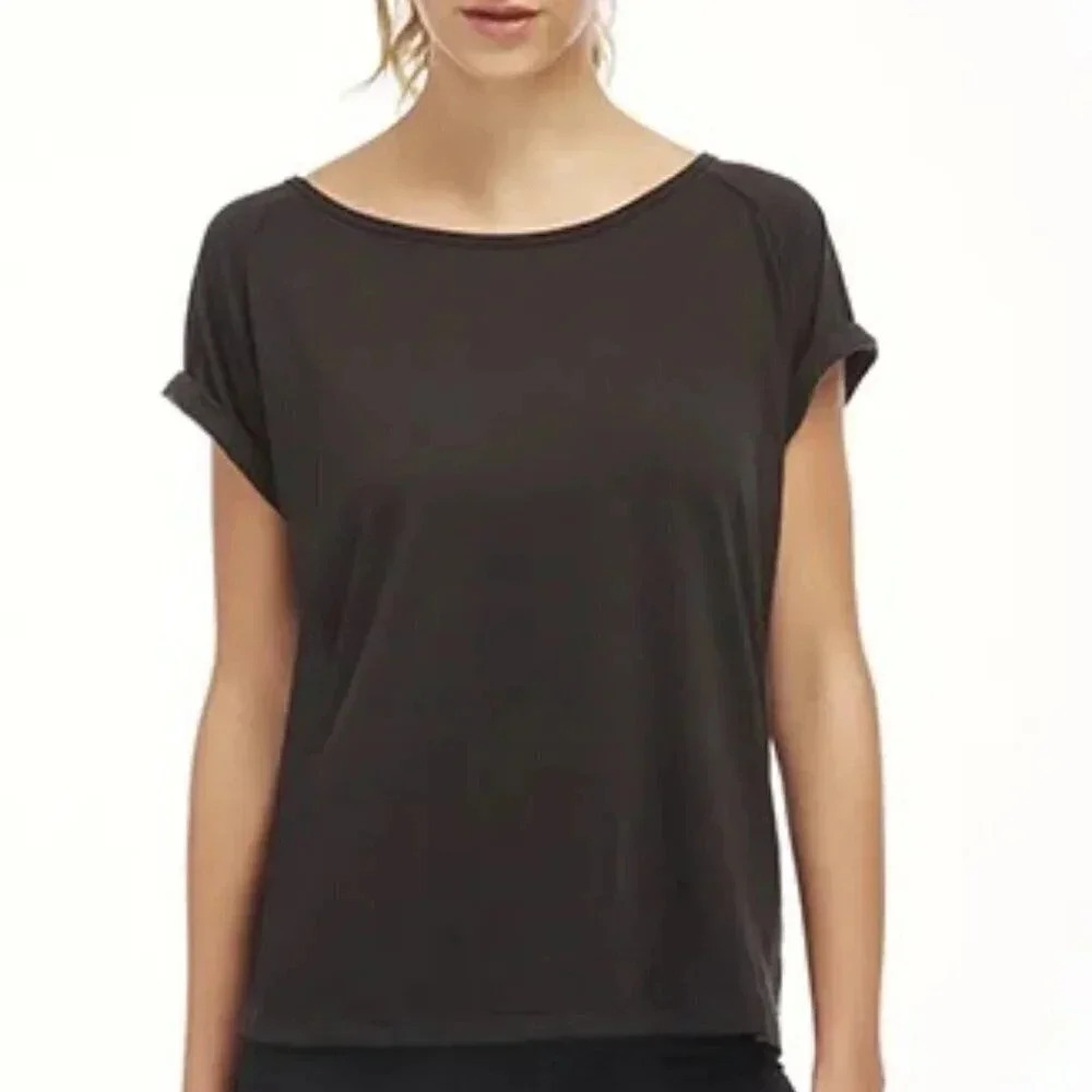 Fabletics Women's Black Whitney Open Shoulder Back Short Sleeve Athletic Shirt